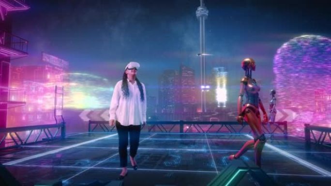 戴着虚拟现实耳机的黑人妇女进入Metaverse。VR转型: 女性在身临其境的3D科幻城市中寻找奇迹