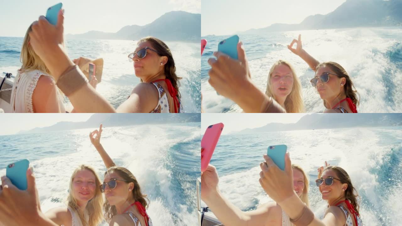 两名迷人的年轻女性在意大利度假期间在船上自拍的4k视频片段