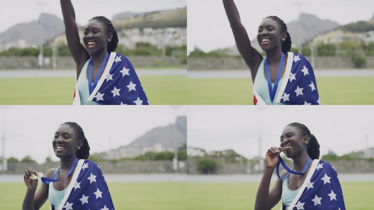 4k视频片段，一名年轻的女运动员在举旗奔跑时庆祝自己的胜利