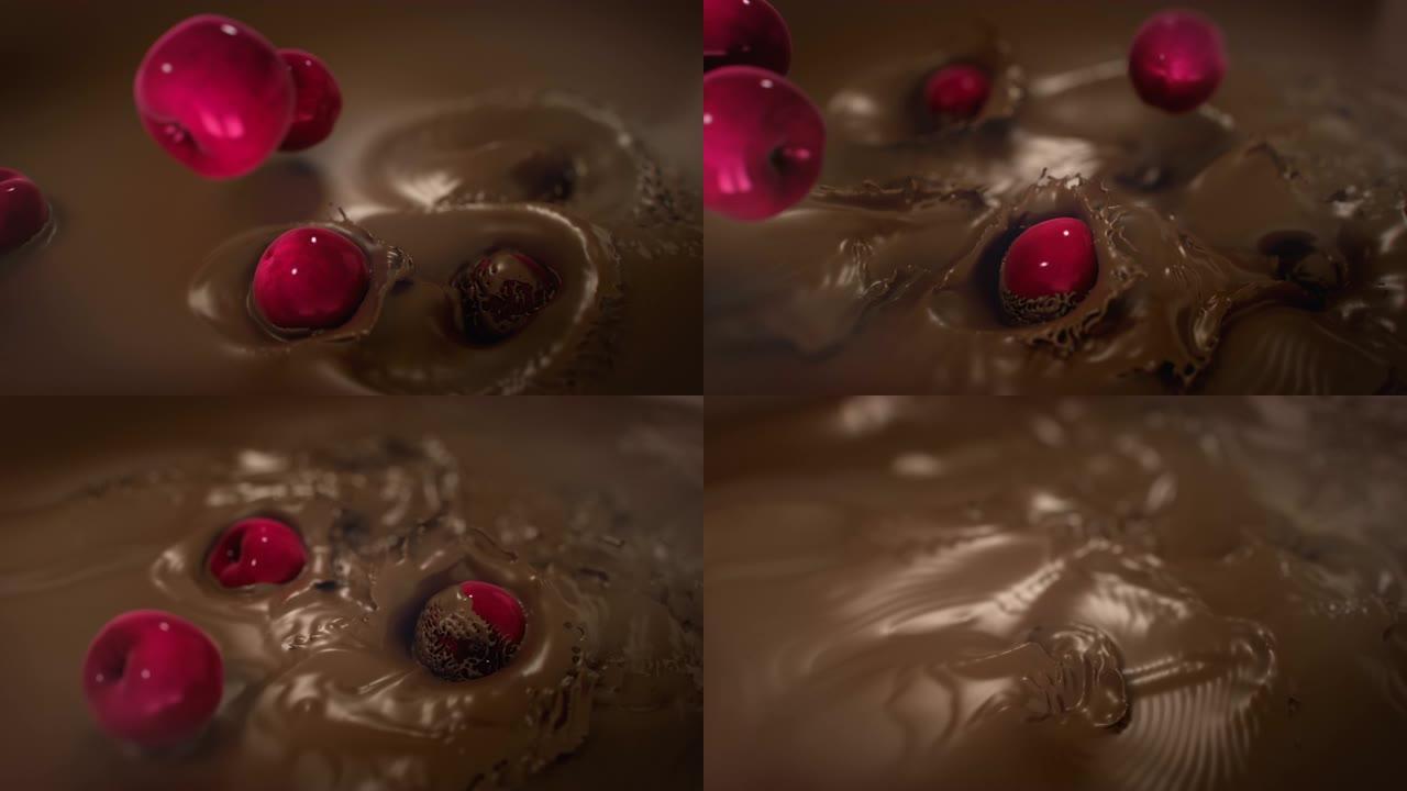 樱桃在4k超级慢动作中落入液体巧克力中