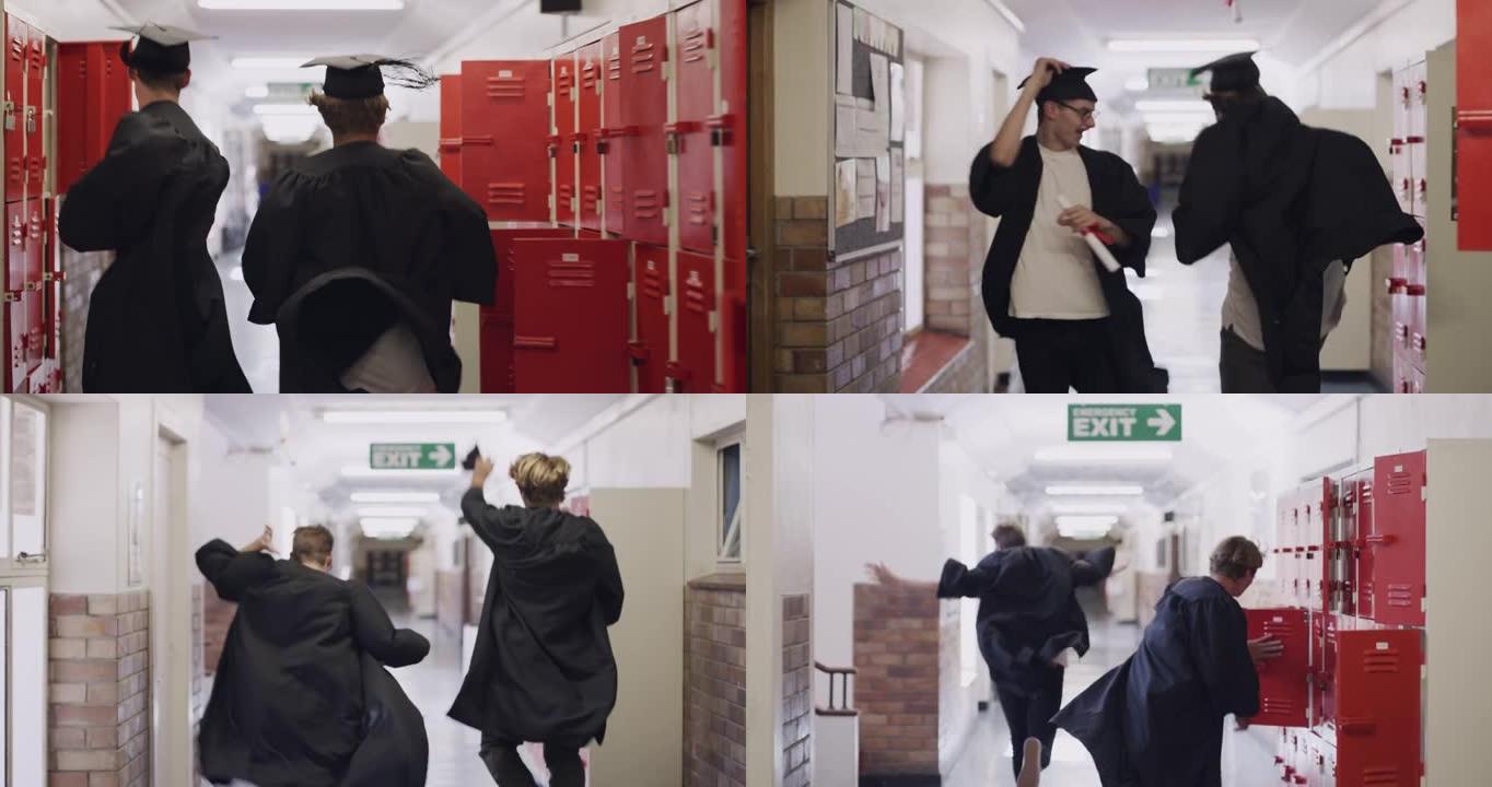 毕业当天，两个十几岁的男孩在高中的大厅里奔跑的4k视频片段