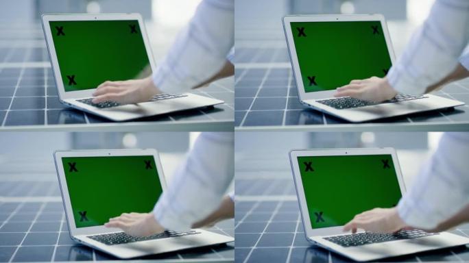 绿色屏幕，chromakey和笔记本电脑屏幕上带有跟踪标记的复制空间，用于广告或营销。产品展示和数字
