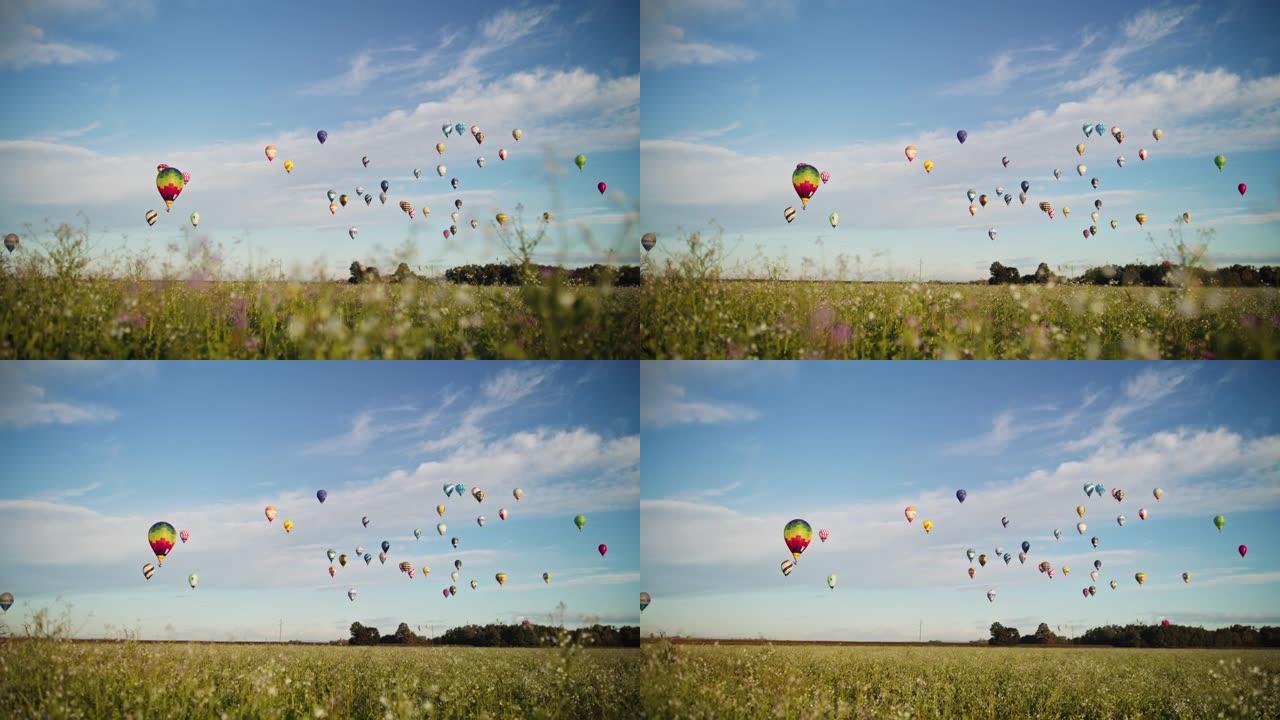 充满活力的热气球漂浮在乡村田野上阳光明媚的蓝天中