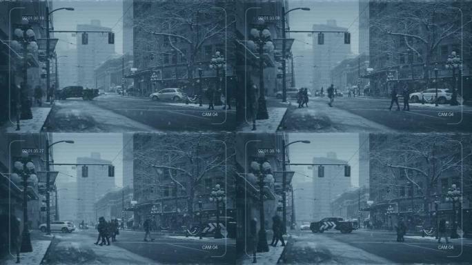 CCTV在人车的城市道路上下雪