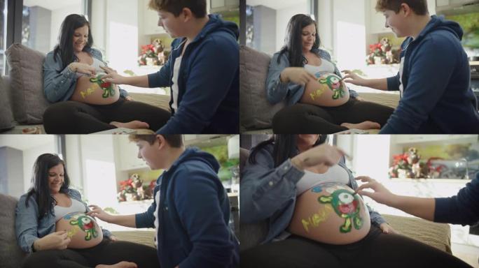 WS十几岁的儿子在母亲怀孕的肚子上手指画