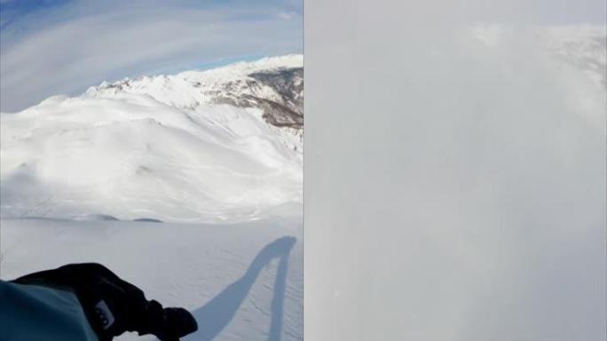 山区自由式滑雪板滑雪板的垂直视频POV拍摄