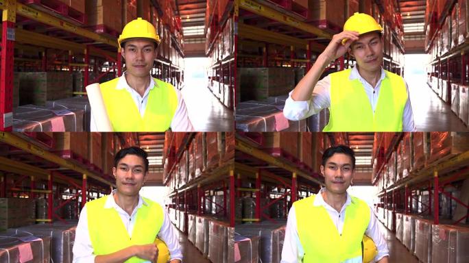年轻的男工程师戴着头盔站着，自信地看着相机。后面是一个有仓库的仓库