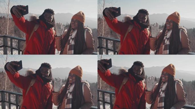在山顶上自拍非裔黑人合照合影时尚夫妻