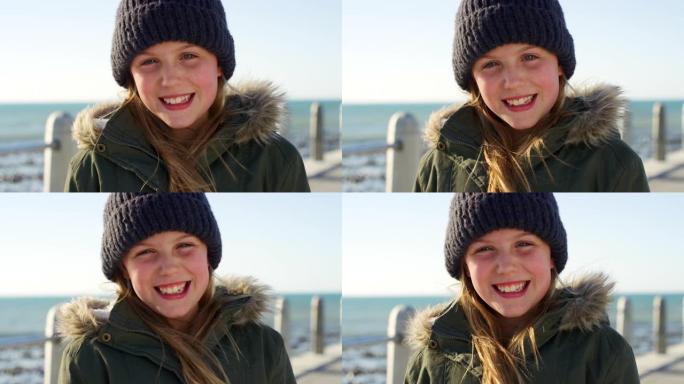 海洋，快乐和脸的孩子在寒假旅游冒险之旅，世界旅游或自由在悉尼澳大利亚。健康、微笑和年轻女孩在有趣的户