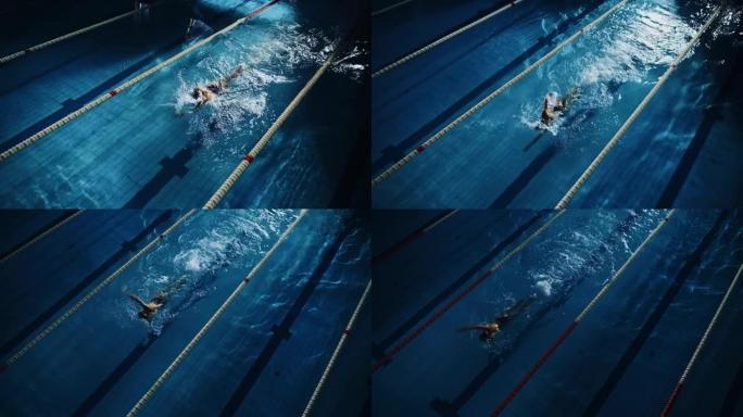 空中: 游泳池中的女游泳者。职业运动员仰泳式游泳，立志夺冠。深色戏剧性的颜色，电影圈车道灯，跟踪荷兰