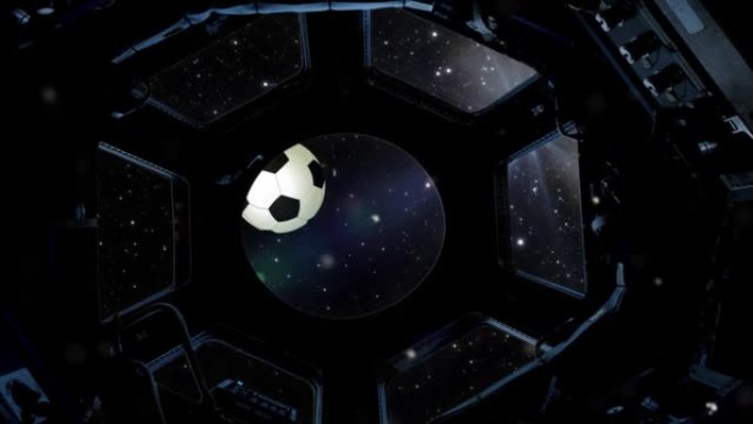 从宇宙飞船的窗户看太空中的足球。NASA提供的这段视频的元素。4k分辨率。