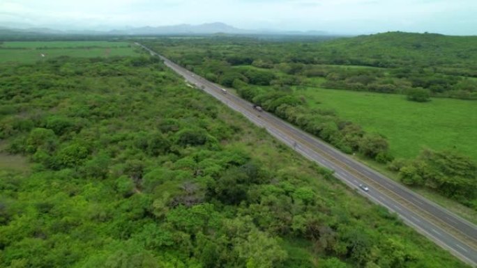 空中: 大型18轮车和汽车沿着风景秀丽的泛美高速公路行驶。