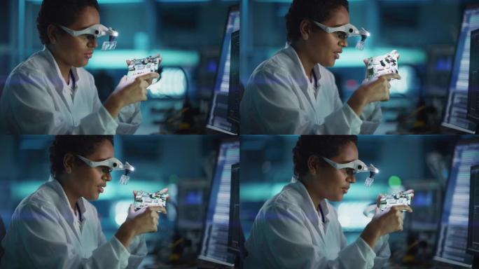 现代电子研究，开发设施: 戴着高科技眼镜的黑人女工程师检查印刷电路板主板。科学家设计硅微芯片，半导体