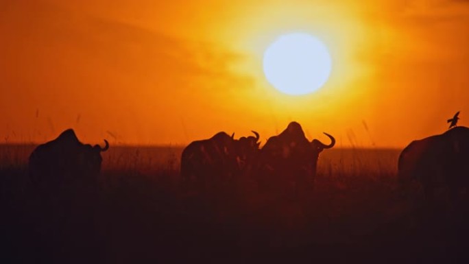 在戏剧性的日出天空中，轮廓分明的牛羚在明亮的阳光下行走。与鸟类共存