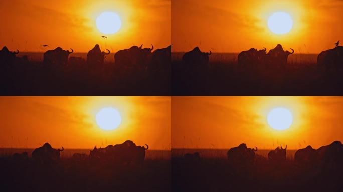 在戏剧性的日出天空中，轮廓分明的牛羚在明亮的阳光下行走。与鸟类共存