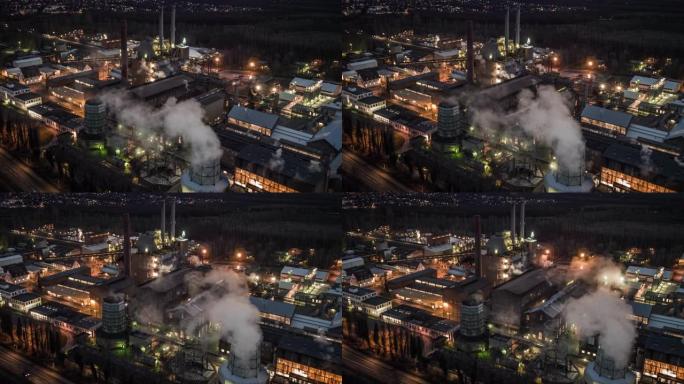 夜间化工厂鸟瞰图炼油排放全球变暖化石能源
