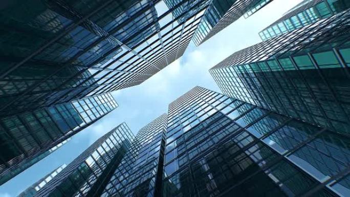 蓝色多云天空下的现代商业区建筑。摘要摩天大楼商业中心街道时间推移3d动画。