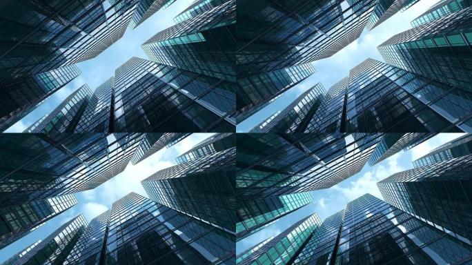 蓝色多云天空下的现代商业区建筑。摘要摩天大楼商业中心街道时间推移3d动画。