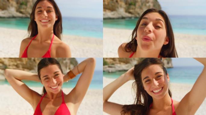 4k视频片段，一位迷人的年轻女子在意大利度假期间独自站在海滩上