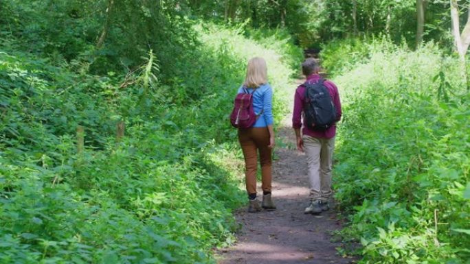 农村成熟夫妇一起沿着森林徒步旅行的后视