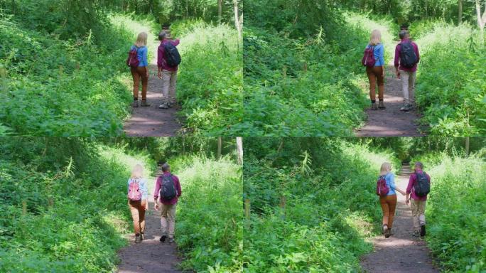 农村成熟夫妇一起沿着森林徒步旅行的后视