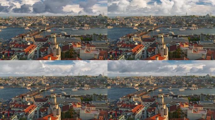 加拉塔的伊斯坦布尔日落景色。金角湾的许多渡轮。伊斯坦布尔市西部