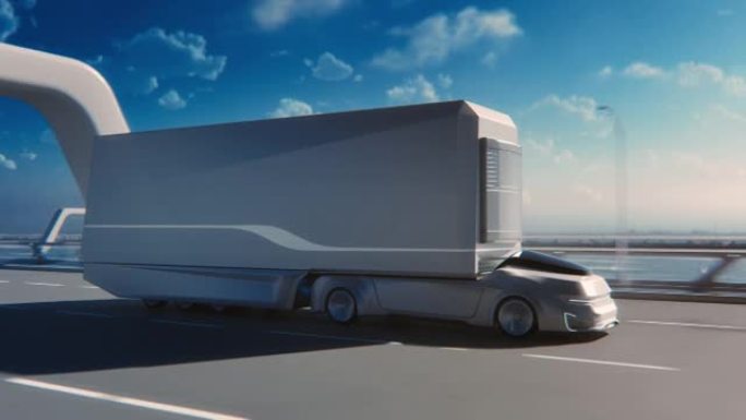 未来技术概念: 自动自动驾驶卡车与货物拖车驾驶道路上的扫描传感器。3D零排放电动货车在风景秀丽的公路