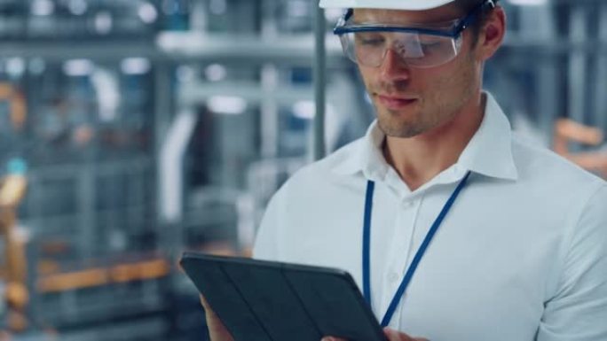 男工程师戴着安全护目镜和安全帽，使用平板电脑，在汽车装配厂的办公室里望去。在技术工厂从事车辆生产的工