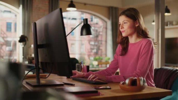 年轻漂亮的成年女子穿着粉色套头衫，在家用台式电脑工作。创造性的女性检查和写电子邮件。阁楼公寓，从大窗