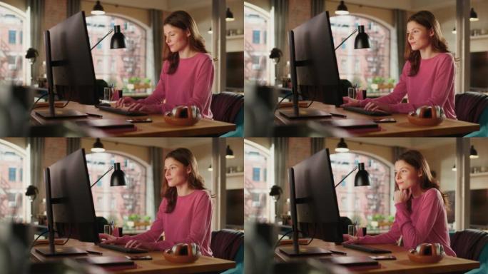 年轻漂亮的成年女子穿着粉色套头衫，在家用台式电脑工作。创造性的女性检查和写电子邮件。阁楼公寓，从大窗
