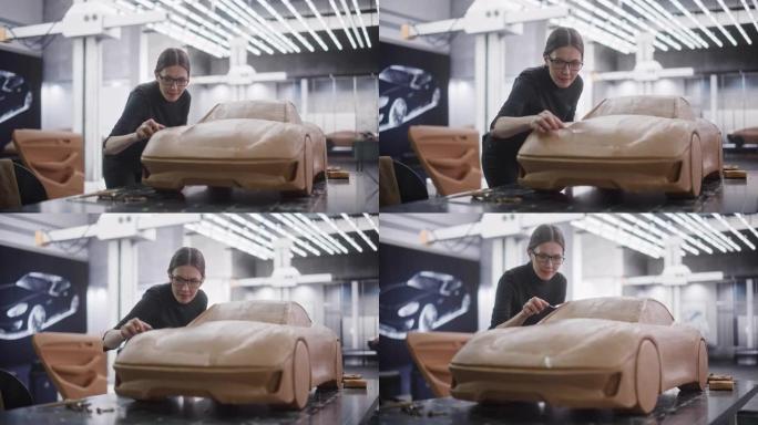 一位女性汽车设计师的肖像，他雕刻了一辆新量产车的3D粘土模型。年轻女子用刮铲仔细修剪原型概念车的表面