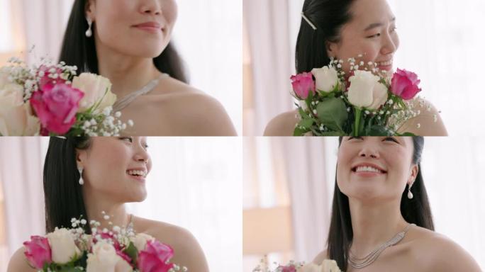 玫瑰、婚礼和新娘带着鲜花快乐和微笑在房间里为新娘照片摆姿势，兴奋和闻到花束。庆祝，承诺和亚洲妇女享受