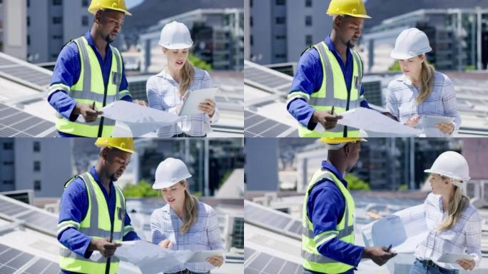 工程师，建筑师或太阳能技术人员在建筑物屋顶上使用平板电脑或蓝图。说话，认真或自信的工人监控小组收集可
