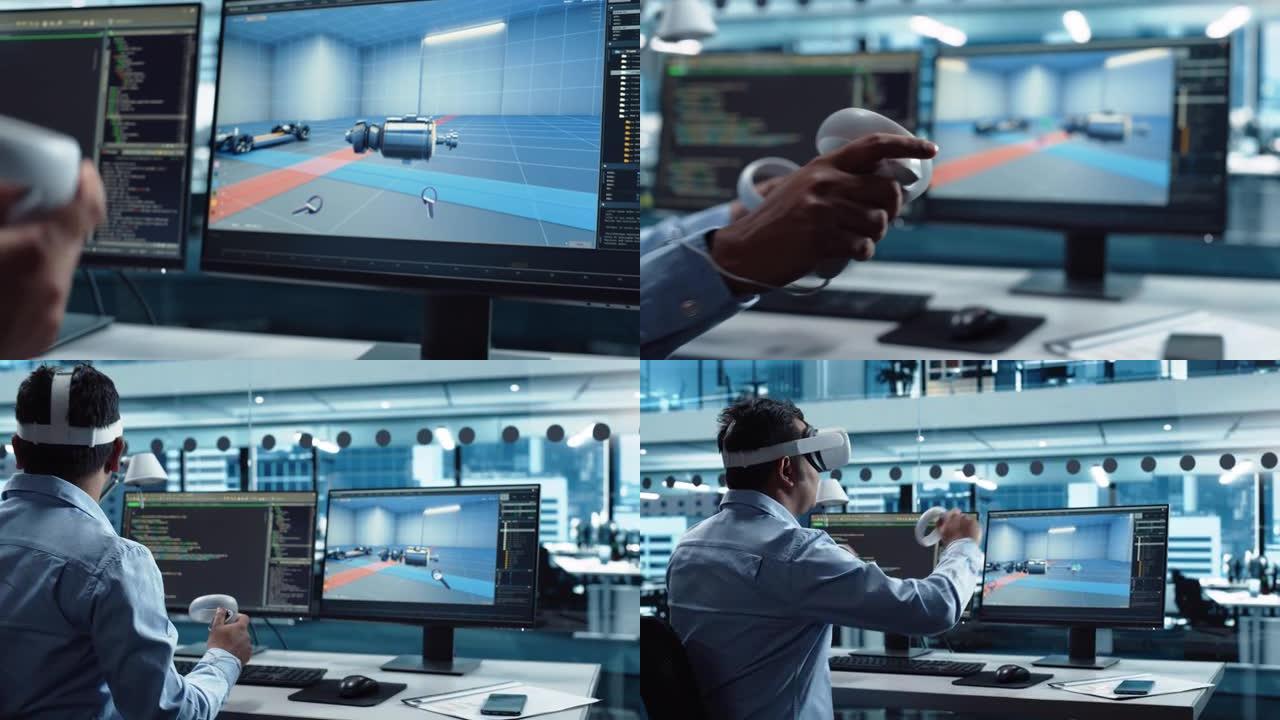 汽车工程师使用VR软件在工厂办公室的交互式环境中在电动机和车辆平台上工作。使用耳机和控制器的工业工程