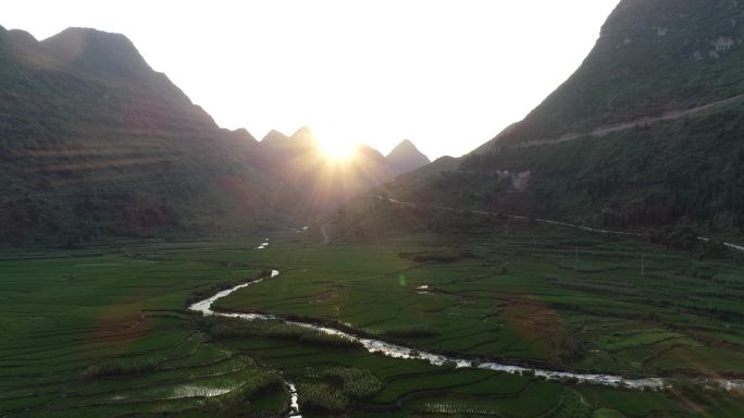 阳光下的乡村稻田小溪流水航拍