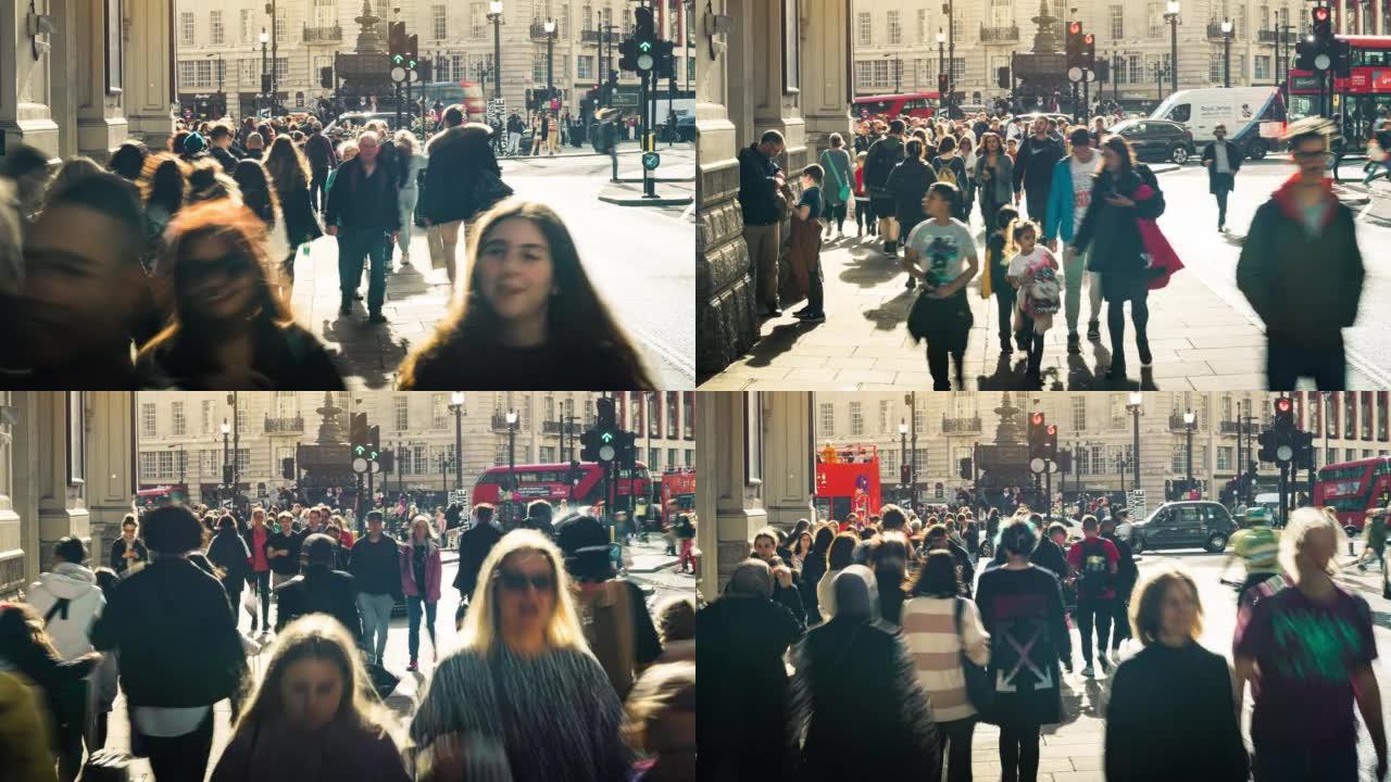 拥挤的人的时间流逝，在英国伦敦市中心的皮卡迪利马戏团地区散步并看到景点