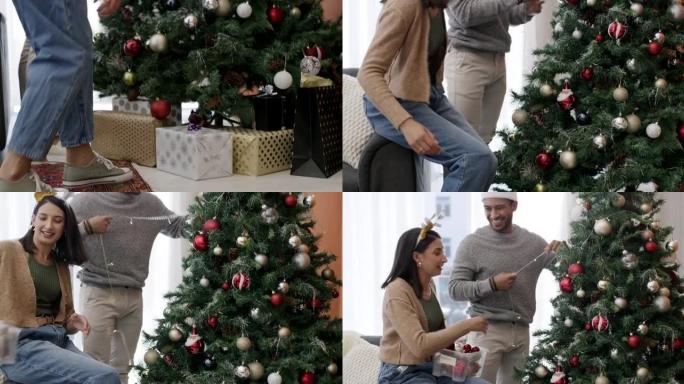 4k视频片段，一对年轻夫妇在家中堆叠礼物并一起装饰圣诞树