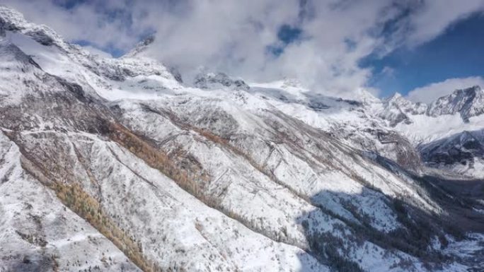 深秋的雪山和树木雪林雪景冰天湖泊