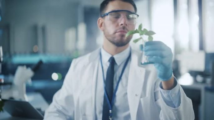 英俊的男性微生物学家在样品瓶中观察健康的绿色植物。在拥有先进技术显微镜和计算机的现代食品科学实验室工