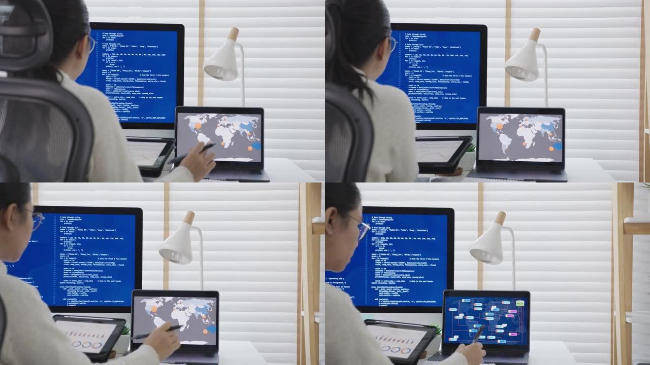 亚洲年轻女性的后视图，自由数据科学家在家庭远程工作编码程序，从事大数据挖掘，人工智能数据工程，it技