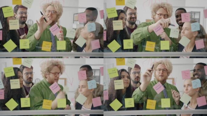 多元化的业务团队在办公室使用便签和玻璃板进行头脑风暴
