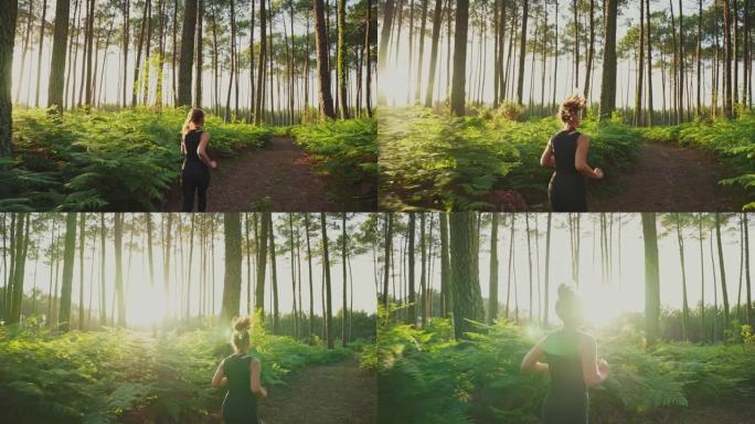 跟踪拍摄了一个黑发在日落期间穿越茂密的充满活力的森林