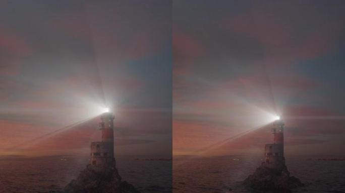 日落后顶部有光束的海中灯塔