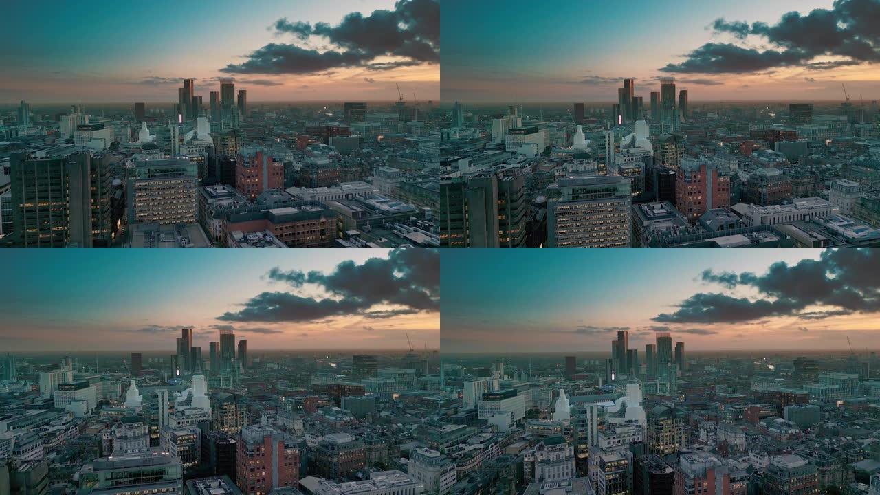 日落时分市区曼彻斯特市办公楼的鸟瞰图