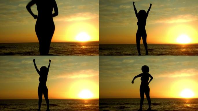 健身、自由和轮廓，一名运动女子在日落时在海滩上跑步和庆祝。与庆祝目标，目标或健康里程碑的女运动员一起