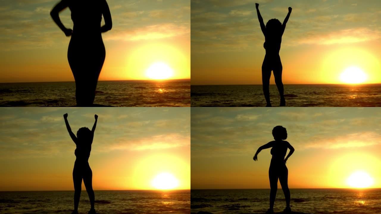 健身、自由和轮廓，一名运动女子在日落时在海滩上跑步和庆祝。与庆祝目标，目标或健康里程碑的女运动员一起