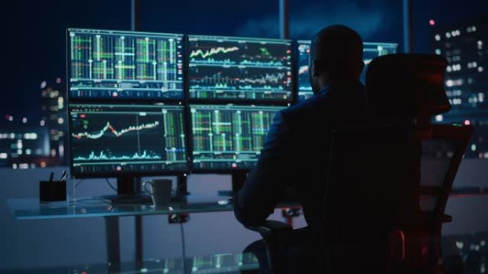 对冲基金交易员在一台具有多显示器工作站的计算机上工作，该工作站具有实时股票，商品和交易所市场图表。商