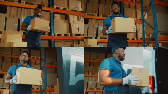英俊的黑人男性工人带着纸箱走出仓库，把它装进送货卡车。一线专业英雄交付电子商务在线订单。中等肖像跟踪