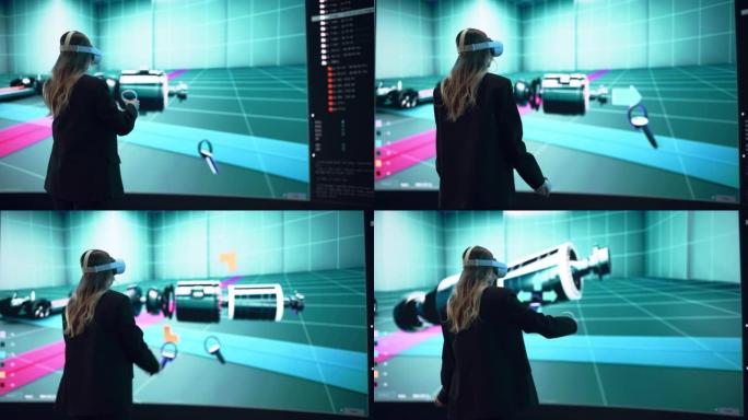 汽车工程师使用VR软件在交互式环境中展示电动机和车辆平台。她的项目使用虚拟现实耳机和控制器的女工程师