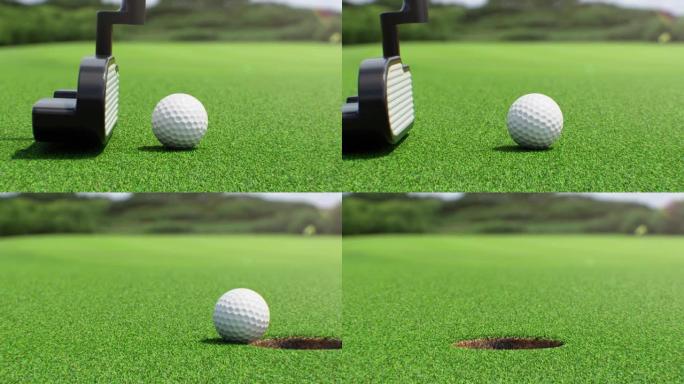 高尔夫球杆击球轻柔特写慢动作3d动画。推杆将球放入洞中。抽象最终击球推杆的插图。高尔夫球场上的绿草。